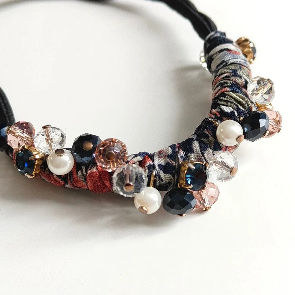 Handmade Beaded Rhinestone Hair Tie Set 3pc Velvet Bow Ribbon Multicolor Womens